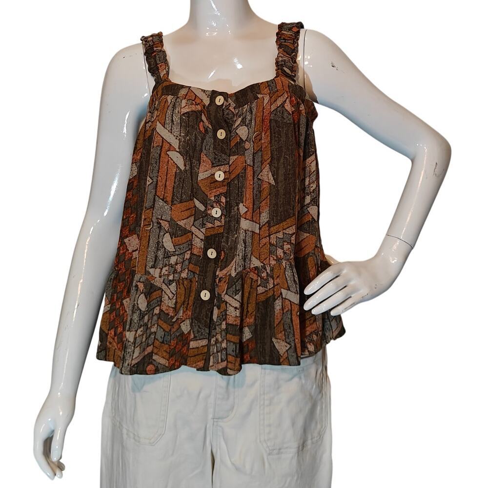 Daytrip Boho Tank Top Brown Rust Geometric Button Front S